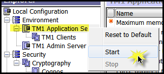 screenshot - right click tm1 application server and click start