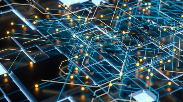 mass of orange and blue data connections